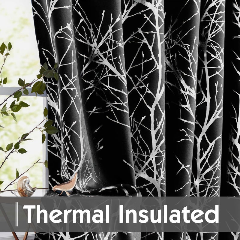 FMFUNCTEX 100% Blackout Curtains for Bedroom, Curtains 84 Inches Long Black Branch Curtains for Living Room, Silver Foil Metallic Tree Patterned Panels, Thermal Insulated Curtain 2 Panels Grommet Top - Image 5